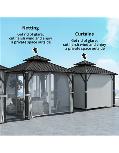 Outsunny 3 x 3(m) Hardtop Gazebo Canopy with Double Metal Roof, Waterproof Permanent Pavilion Garden Gazebo with Netting and Cur