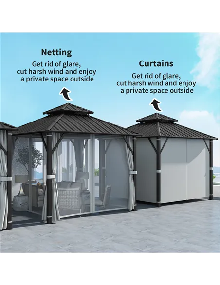 Outsunny 3 x 3(m) Hardtop Gazebo Canopy with Double Metal Roof, Waterproof Permanent Pavilion Garden Gazebo with Netting and Cur
