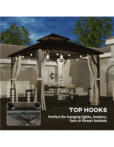 Outsunny 3 x 3(m) Hardtop Gazebo Canopy with Double Metal Roof, Waterproof Permanent Pavilion Garden Gazebo with Netting and Cur
