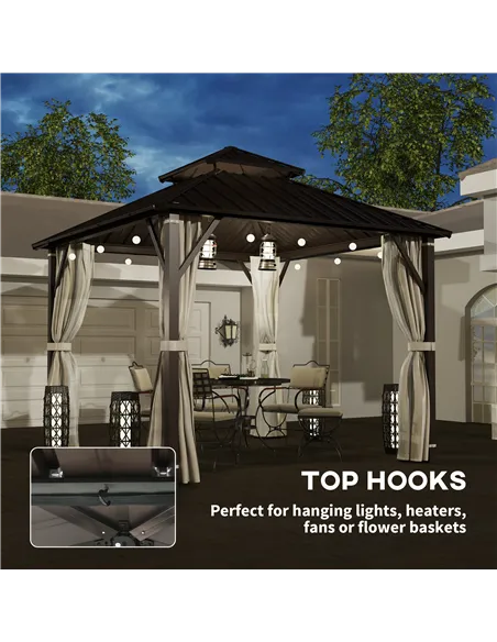 Outsunny 3 x 3(m) Hardtop Gazebo Canopy with Double Metal Roof, Waterproof Permanent Pavilion Garden Gazebo with Netting and Cur