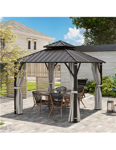 Outsunny 3 x 3(m) Hardtop Gazebo Canopy with Double Metal Roof, Waterproof Permanent Pavilion Garden Gazebo with Netting and Cur