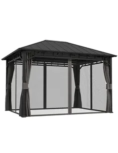 Outsunny 3 x 4m Hardtop Gazebo with Galvanised Steel Roof and Water Gutter, Waterproof Permanent Pavilion Garden Gazebo with Net