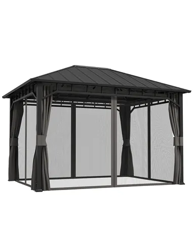 Outsunny 3 x 4m Hardtop Gazebo with Galvanised Steel Roof and Water Gutter, Waterproof Permanent Pavilion Garden Gazebo with Net