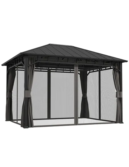 Outsunny 3 x 4m Hardtop Gazebo with Galvanised Steel Roof and Water Gutter, Waterproof Permanent Pavilion Garden Gazebo with Net