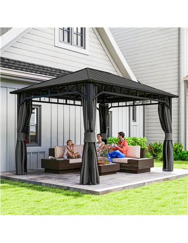 Outsunny 3 x 4m Hardtop Gazebo with Galvanised Steel Roof and Water Gutter, Waterproof Permanent Pavilion Garden Gazebo with Net