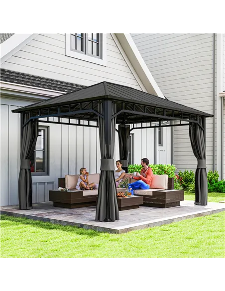 Outsunny 3 x 4m Hardtop Gazebo with Galvanised Steel Roof and Water Gutter, Waterproof Permanent Pavilion Garden Gazebo with Net