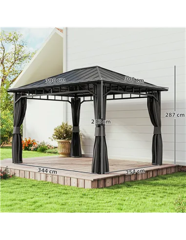 Outsunny 3 x 4m Hardtop Gazebo with Galvanised Steel Roof and Water Gutter, Waterproof Permanent Pavilion Garden Gazebo with Net