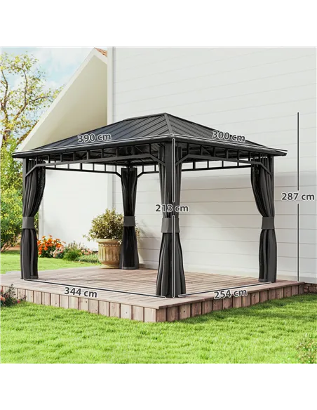 Outsunny 3 x 4m Hardtop Gazebo with Galvanised Steel Roof and Water Gutter, Waterproof Permanent Pavilion Garden Gazebo with Net