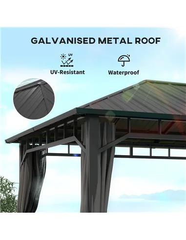 Outsunny 3 x 4m Hardtop Gazebo with Galvanised Steel Roof and Water Gutter, Waterproof Permanent Pavilion Garden Gazebo with Net