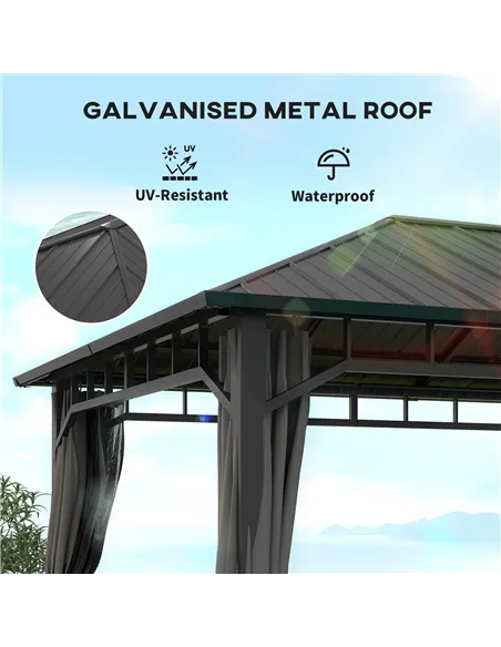 Outsunny 3 x 4m Hardtop Gazebo with Galvanised Steel Roof and Water Gutter, Waterproof Permanent Pavilion Garden Gazebo with Net