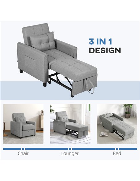 HOMCOM Linen-Look Single Chair Bed - Light Grey