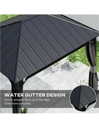 Outsunny 3 x 4m Hardtop Gazebo with Galvanised Steel Roof and Water Gutter, Waterproof Permanent Pavilion Garden Gazebo with Net