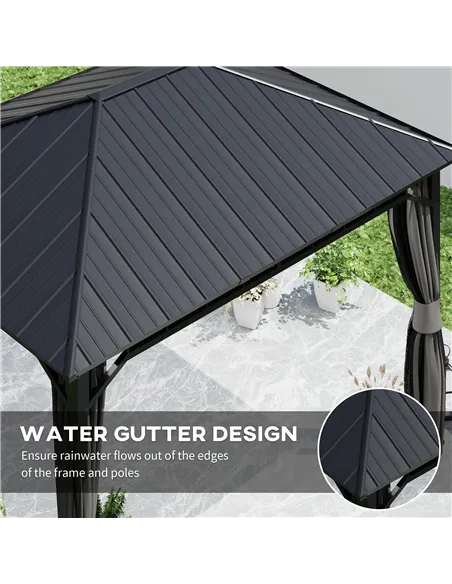 Outsunny 3 x 4m Hardtop Gazebo with Galvanised Steel Roof and Water Gutter, Waterproof Permanent Pavilion Garden Gazebo with Net