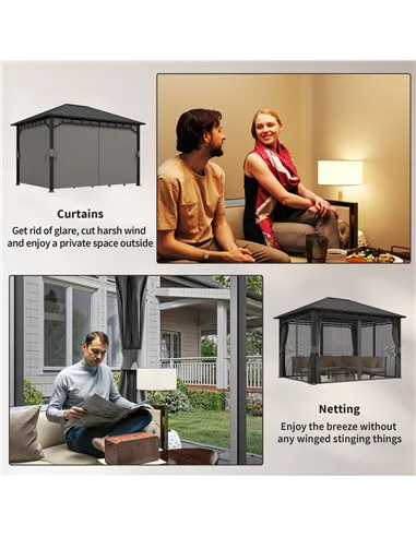 Outsunny 3 x 4m Hardtop Gazebo with Galvanised Steel Roof and Water Gutter, Waterproof Permanent Pavilion Garden Gazebo with Net