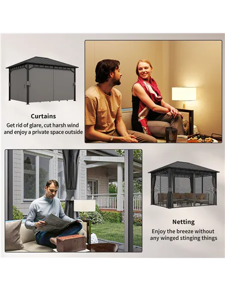 Outsunny 3 x 4m Hardtop Gazebo with Galvanised Steel Roof and Water Gutter, Waterproof Permanent Pavilion Garden Gazebo with Net