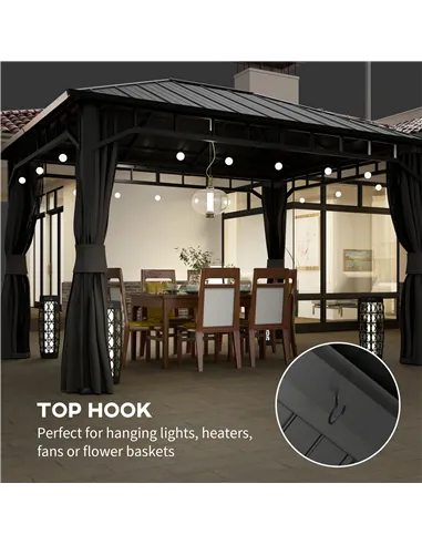 Outsunny 3 x 4m Hardtop Gazebo with Galvanised Steel Roof and Water Gutter, Waterproof Permanent Pavilion Garden Gazebo with Net