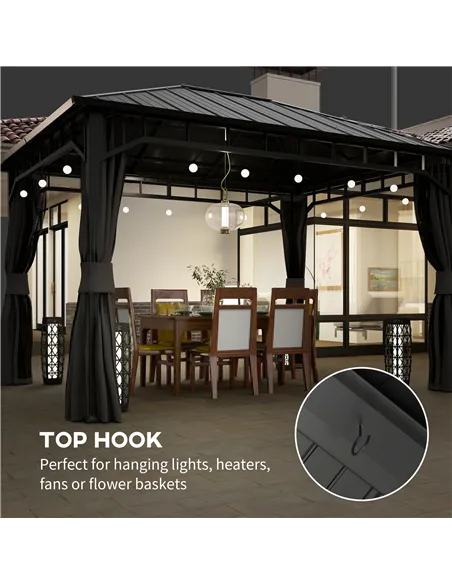 Outsunny 3 x 4m Hardtop Gazebo with Galvanised Steel Roof and Water Gutter, Waterproof Permanent Pavilion Garden Gazebo with Net