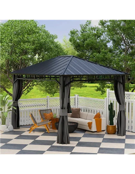 Outsunny 3 x 4m Hardtop Gazebo with Galvanised Steel Roof and Water Gutter, Waterproof Permanent Pavilion Garden Gazebo with Net