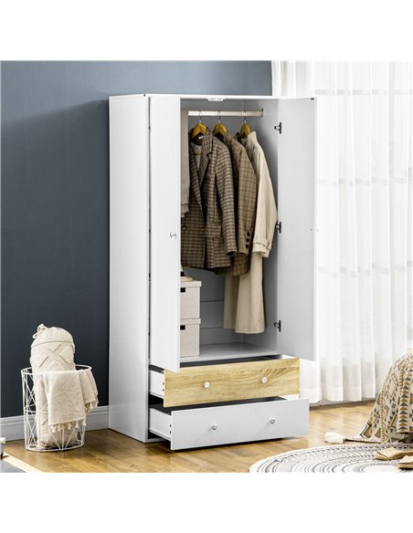 HOMCOM 2-Door Wardrobe with 2 Drawers, Hanging Rod and Anti-tipping Straps for Bedroom Clothes Storage Organisation, White
