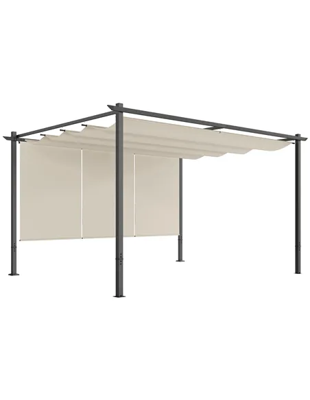 Outsunny 3 x 4m Metal Pergola with Retractable Roof and Roller Shade, Wall-Mounted or Free Standing Garden Gazebo Canopy Pergola