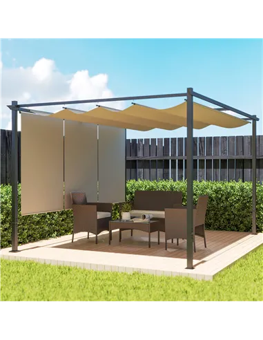 Outsunny 3 x 4m Metal Pergola with Retractable Roof and Roller Shade, Wall-Mounted or Free Standing Garden Gazebo Canopy Pergola