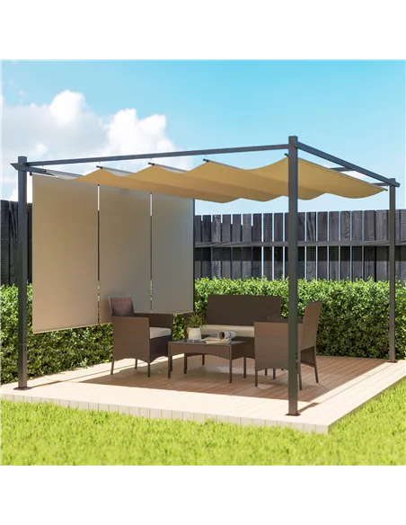 Outsunny 3 x 4m Metal Pergola with Retractable Roof and Roller Shade, Wall-Mounted or Free Standing Garden Gazebo Canopy Pergola