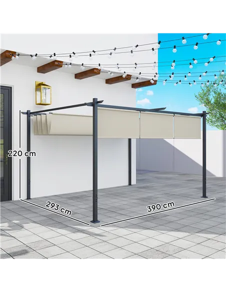 Outsunny 3 x 4m Metal Pergola with Retractable Roof and Roller Shade, Wall-Mounted or Free Standing Garden Gazebo Canopy Pergola
