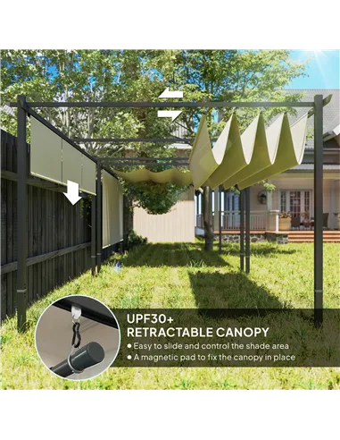 Outsunny 3 x 4m Metal Pergola with Retractable Roof and Roller Shade, Wall-Mounted or Free Standing Garden Gazebo Canopy Pergola
