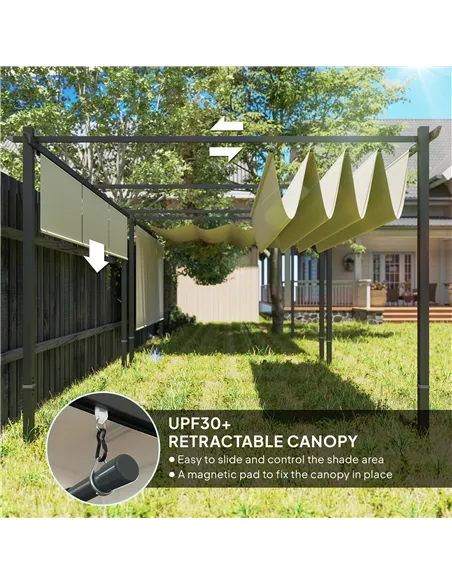 Outsunny 3 x 4m Metal Pergola with Retractable Roof and Roller Shade, Wall-Mounted or Free Standing Garden Gazebo Canopy Pergola