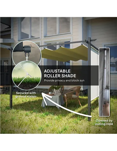 Outsunny 3 x 4m Metal Pergola with Retractable Roof and Roller Shade, Wall-Mounted or Free Standing Garden Gazebo Canopy Pergola