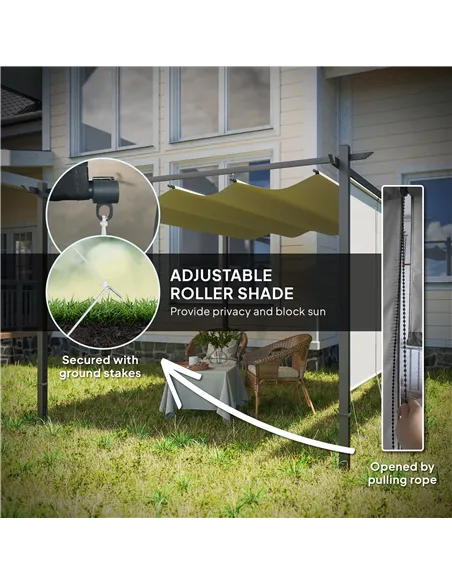 Outsunny 3 x 4m Metal Pergola with Retractable Roof and Roller Shade, Wall-Mounted or Free Standing Garden Gazebo Canopy Pergola
