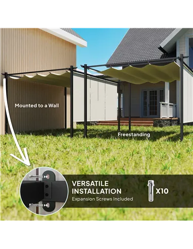 Outsunny 3 x 4m Metal Pergola with Retractable Roof and Roller Shade, Wall-Mounted or Free Standing Garden Gazebo Canopy Pergola