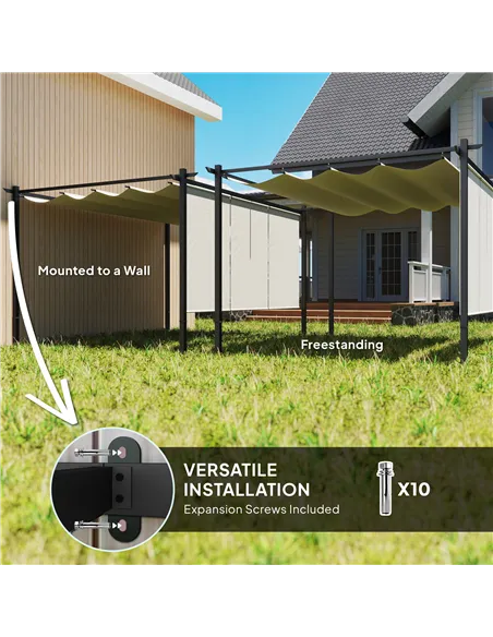 Outsunny 3 x 4m Metal Pergola with Retractable Roof and Roller Shade, Wall-Mounted or Free Standing Garden Gazebo Canopy Pergola
