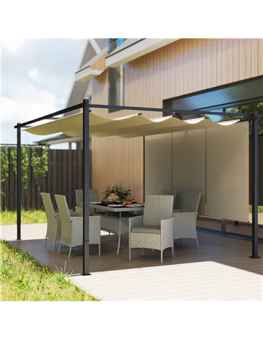Outsunny 3 x 4m Metal Pergola with Retractable Roof and Roller Shade, Wall-Mounted or Free Standing Garden Gazebo Canopy Pergola
