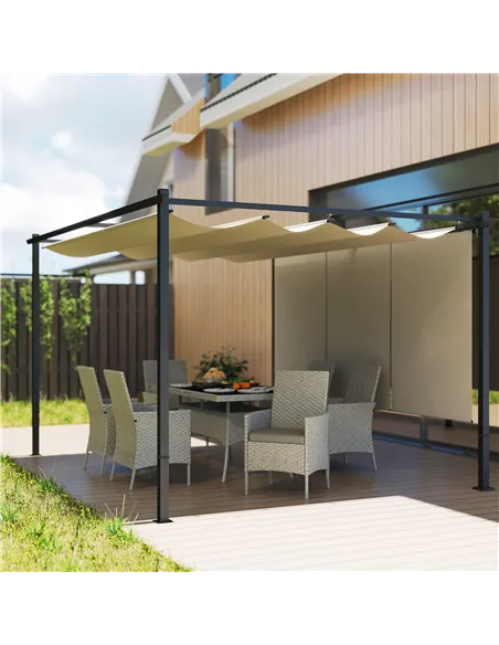 Outsunny 3 x 4m Metal Pergola with Retractable Roof and Roller Shade, Wall-Mounted or Free Standing Garden Gazebo Canopy Pergola
