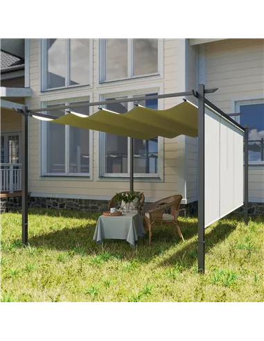 Outsunny 3 x 4m Metal Pergola with Retractable Roof and Roller Shade, Wall-Mounted or Free Standing Garden Gazebo Canopy Pergola