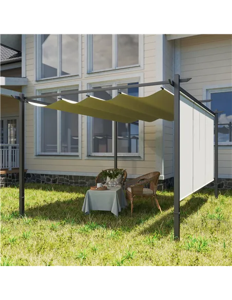 Outsunny 3 x 4m Metal Pergola with Retractable Roof and Roller Shade, Wall-Mounted or Free Standing Garden Gazebo Canopy Pergola