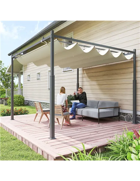 Outsunny 3 x 3(m) Metal Pergola with Retractable Roof and Magnetic Fixture, Outdoor Gazebo Garden Pergola Kit Sun Shade Canopy, 