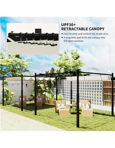 Outsunny 3 x 3(m) Metal Pergola with Retractable Roof and Magnetic Fixture, Outdoor Gazebo Garden Pergola Kit Sun Shade Canopy, 