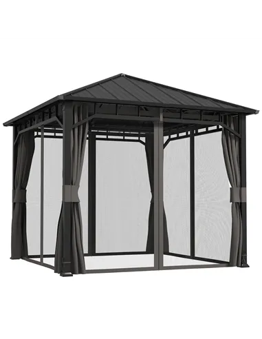 Outsunny 3 x 3(m) Hardtop Gazebo with Galvanised Steel Roof and Water Gutter, Waterproof Permanent Pavilion Garden Gazebo with N