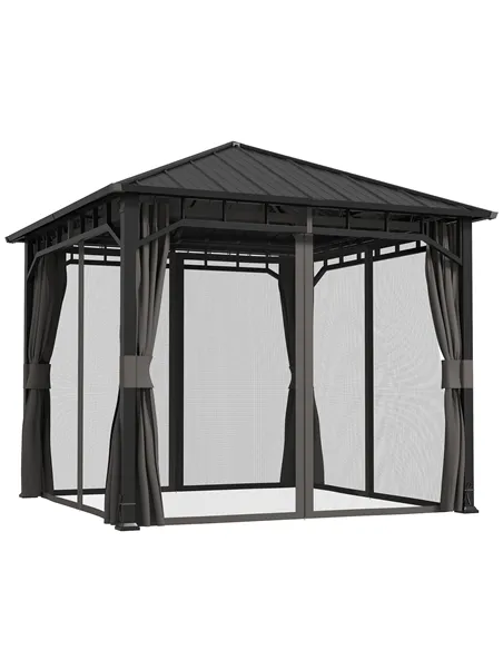 Outsunny 3 x 3(m) Hardtop Gazebo with Galvanised Steel Roof and Water Gutter, Waterproof Permanent Pavilion Garden Gazebo with N