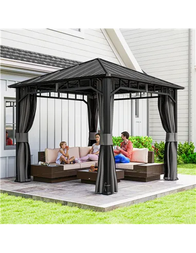 Outsunny 3 x 3(m) Hardtop Gazebo with Galvanised Steel Roof and Water Gutter, Waterproof Permanent Pavilion Garden Gazebo with N