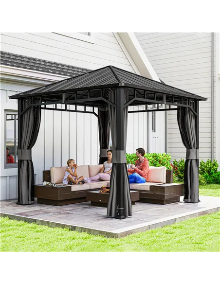 Outsunny 3 x 3(m) Hardtop Gazebo with Galvanised Steel Roof and Water Gutter, Waterproof Permanent Pavilion Garden Gazebo with N