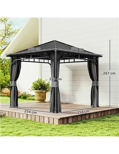 Outsunny 3 x 3(m) Hardtop Gazebo with Galvanised Steel Roof and Water Gutter, Waterproof Permanent Pavilion Garden Gazebo with N