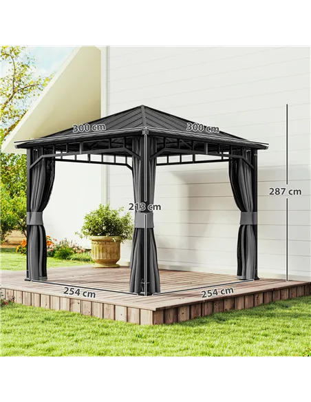 Outsunny 3 x 3(m) Hardtop Gazebo with Galvanised Steel Roof and Water Gutter, Waterproof Permanent Pavilion Garden Gazebo with N