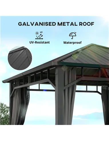 Outsunny 3 x 3(m) Hardtop Gazebo with Galvanised Steel Roof and Water Gutter, Waterproof Permanent Pavilion Garden Gazebo with N
