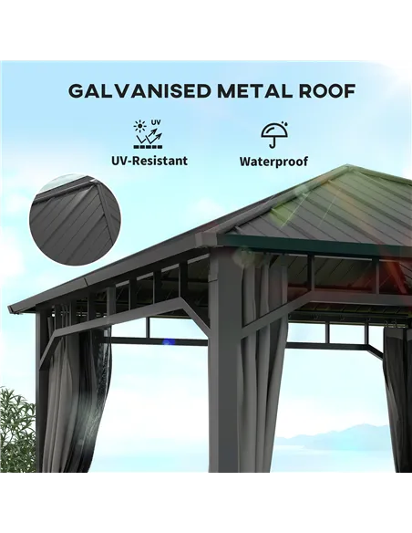 Outsunny 3 x 3(m) Hardtop Gazebo with Galvanised Steel Roof and Water Gutter, Waterproof Permanent Pavilion Garden Gazebo with N
