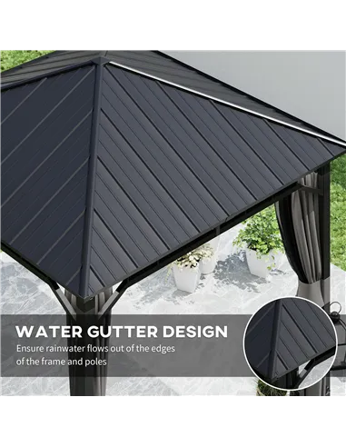 Outsunny 3 x 3(m) Hardtop Gazebo with Galvanised Steel Roof and Water Gutter, Waterproof Permanent Pavilion Garden Gazebo with N