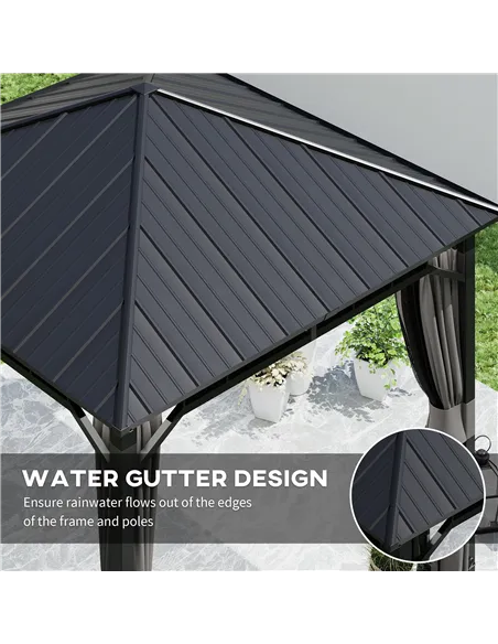 Outsunny 3 x 3(m) Hardtop Gazebo with Galvanised Steel Roof and Water Gutter, Waterproof Permanent Pavilion Garden Gazebo with N