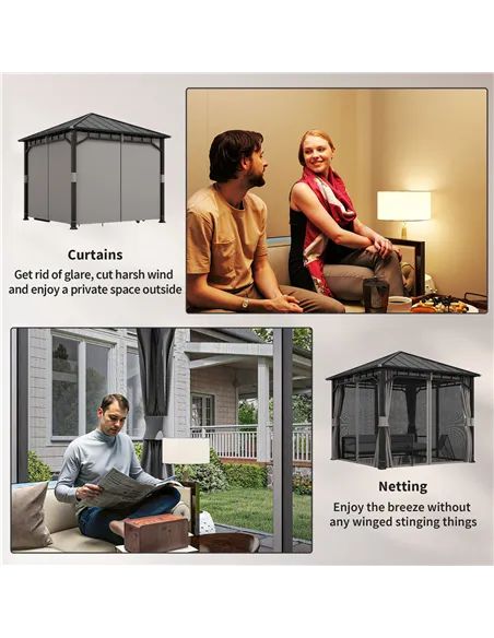 Outsunny 3 x 3(m) Hardtop Gazebo with Galvanised Steel Roof and Water Gutter, Waterproof Permanent Pavilion Garden Gazebo with N